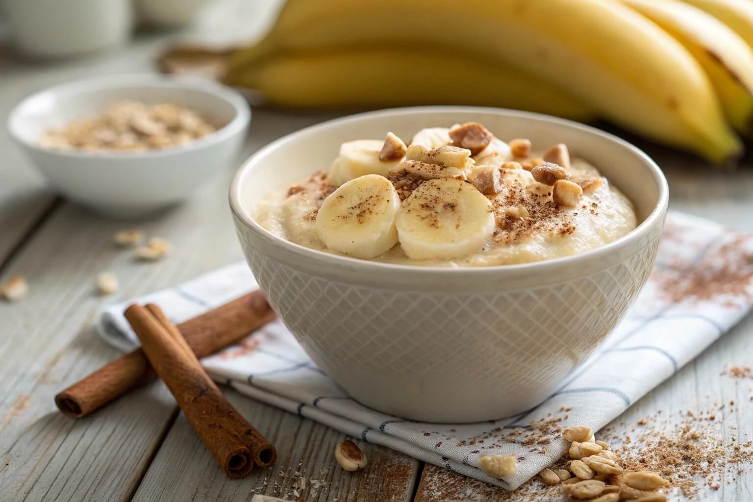 A bowl of creamy protein banana pudding with banana slices and nuts.