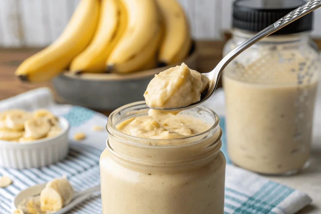 A spoonful of thick and creamy protein banana pudding.