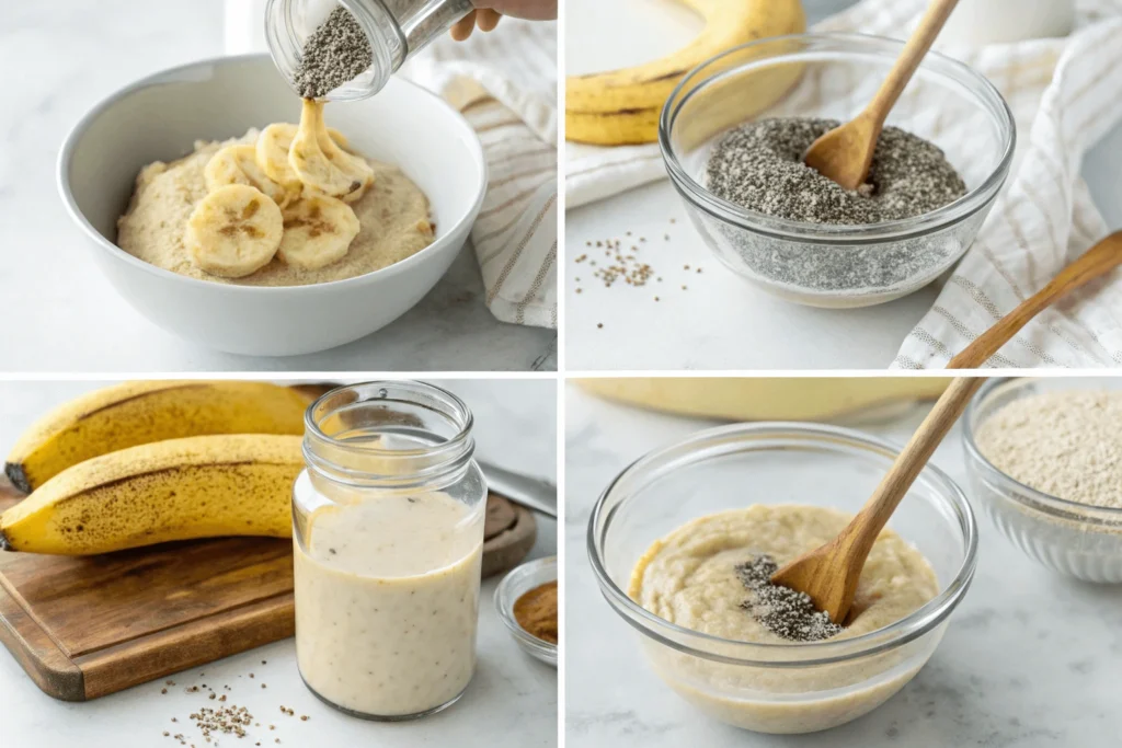Step-by-step preparation of protein banana pudding, from mashing bananas to chilling the mixture.